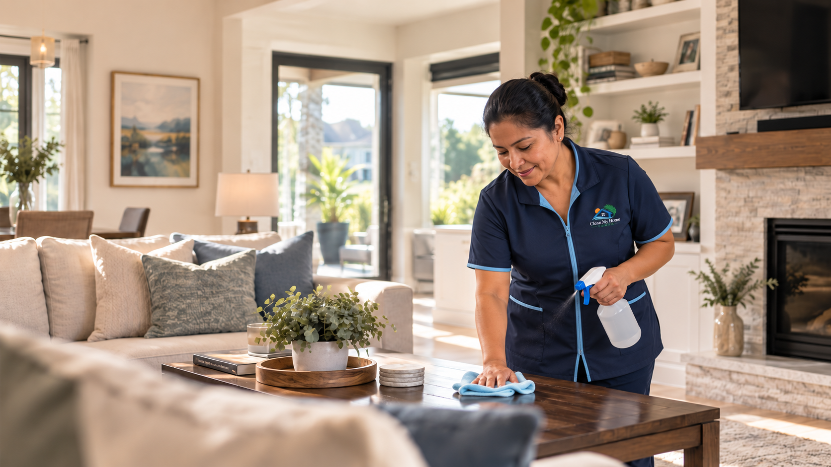Cleaner working in a bright kitchen