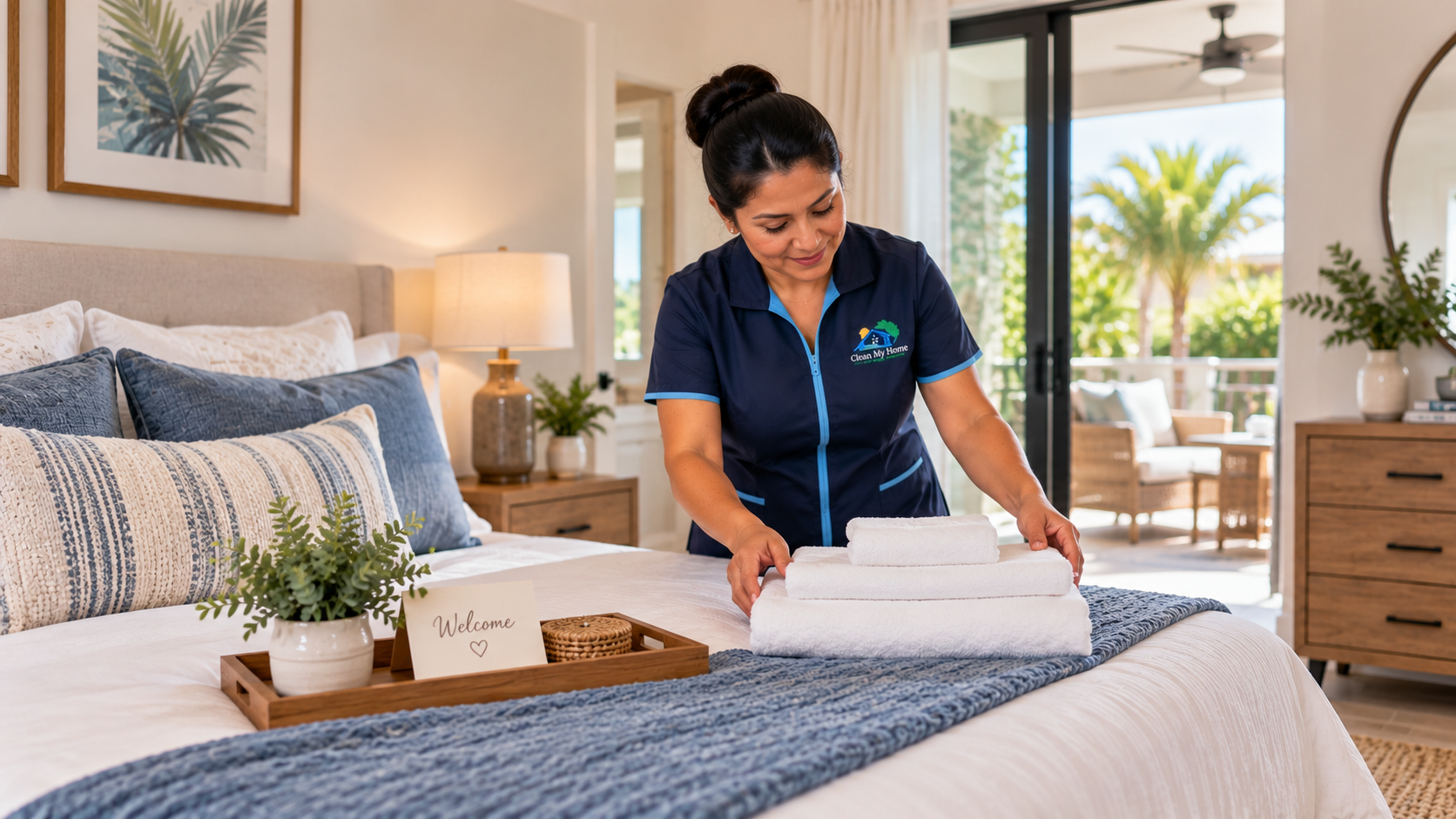 Cleaner resetting a short-term rental home